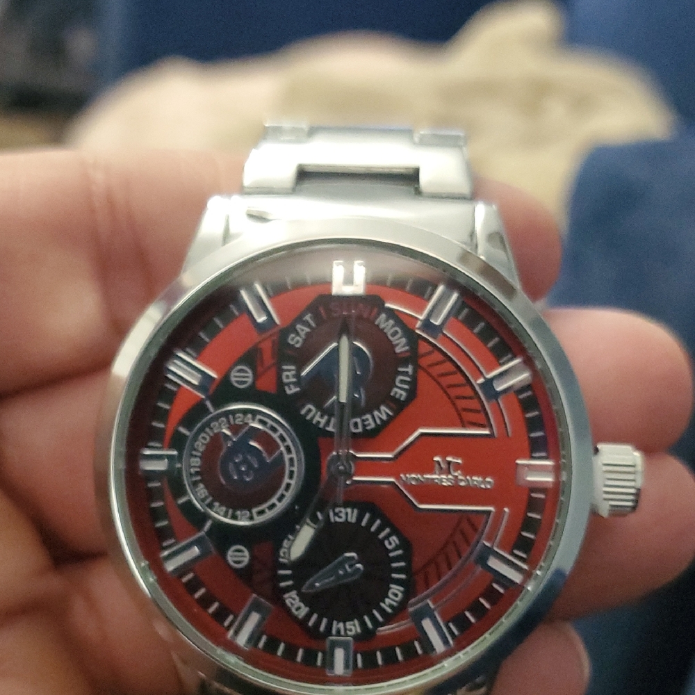 Men's Stainless Steel Watch with Red Dial